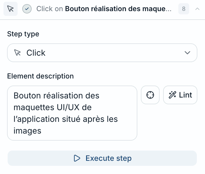 Une étape « Click » ciblée par une description en français, avec aide à la rédaction