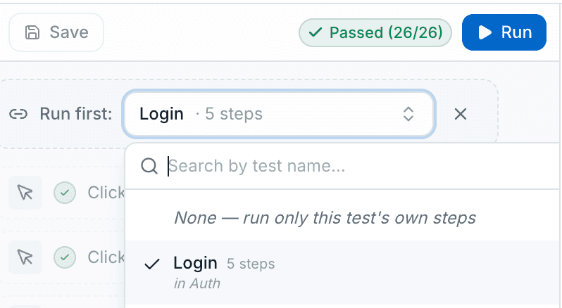 Préambule partagé - « Run first : Login » exécuté avant le test